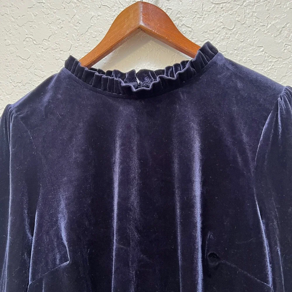 Boden Navy Blue Velvet Ruffle Neck Long Sleeve Top Blouse US 12 Luxe Festive